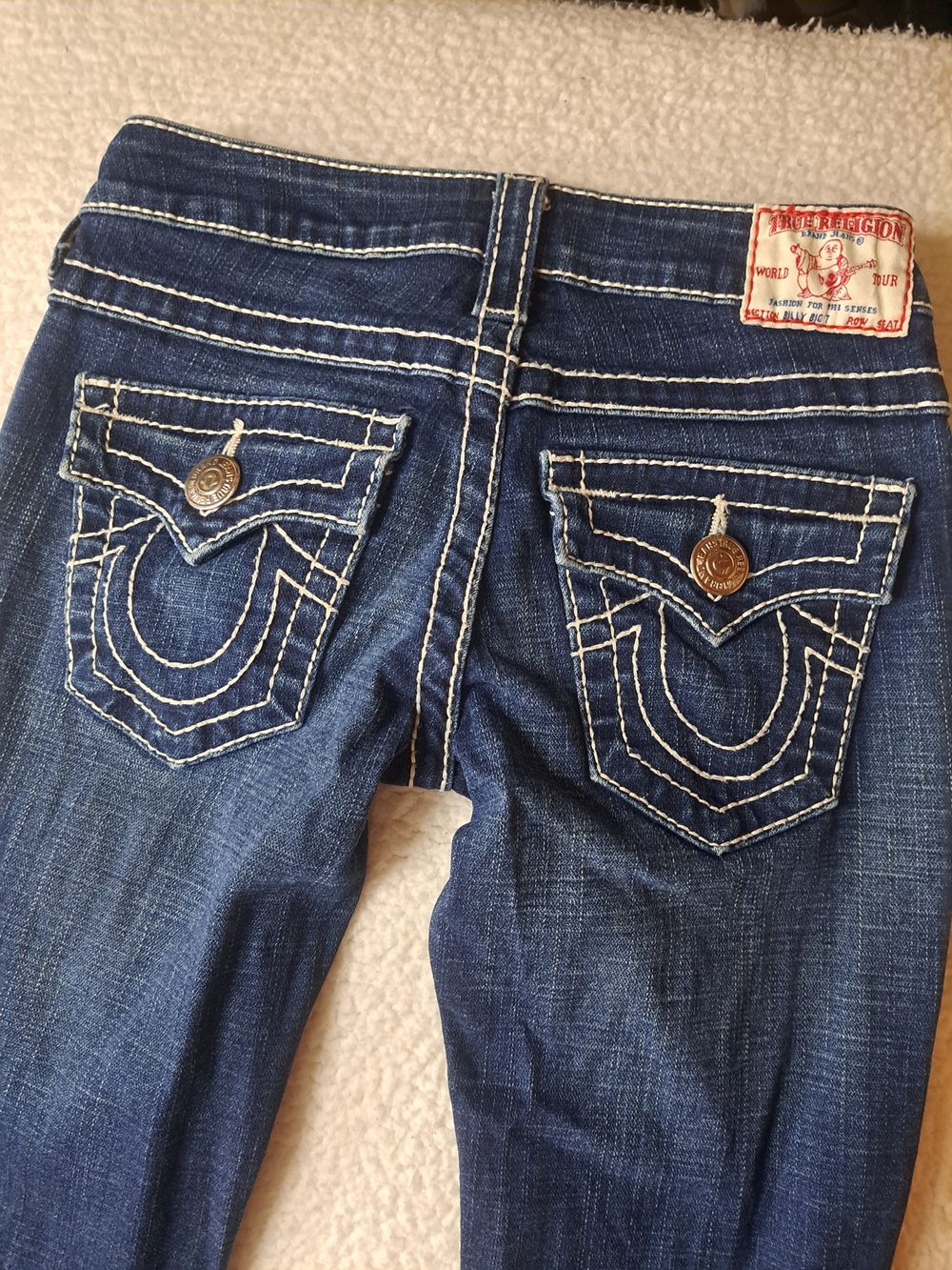 True Religion Dark Blue Straight Leg Jeans with White Contrast Stitching